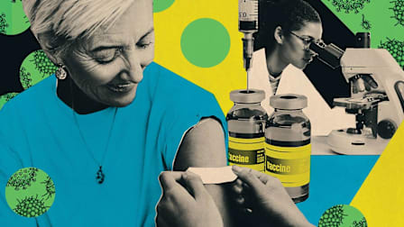 Photo collage showing woman receiving a vaccine, researcher, and vials of vaccines.