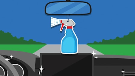 A blue spray bottle hanging from a car rear view mirror and a road visible in the background.