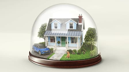 Glass dome with a house, car and dog protected