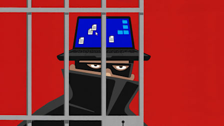 illustration of robber behind bars with computer as hat on a red background