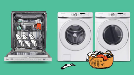 An open dishwasher and a pair of washer and dryer machines