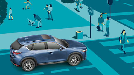 Car coming to a stop as a pedestrian enters a crosswalk.