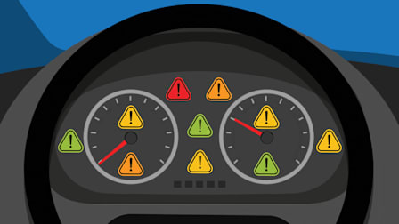 Illustration of a car dashboard with numerous warning lights in red, yellow, and green triangles, each containing an exclamation mark