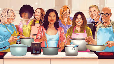 Celebrities cooking in one kitchen including Martha Stewart, Tabitha Brown, Drew Barrymore, Ayesha Curry, Ree Drummond, Rachel Ray, Bobby Flay and Stanley Tucci