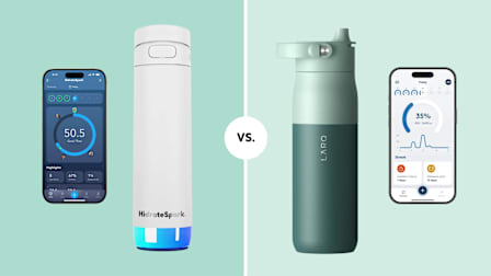21 oz HidrateSpark PRO 2 – Smart Bottle and a phone displaying it's app in use next to a "vs" symbol and the LARQ Bottle PureVis™ 2 and a phone displaying it's app in use.