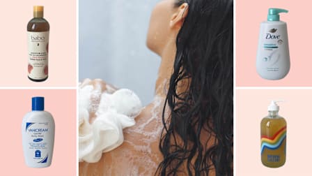 Babo Botanicals Moisturizing Oat & Calendula Bubble Bath & Wash Duo, Dove Sensitive Body Wash, Bathing Culture Mind and Body Wash, and Vanicream Gentle Body Wash, and a woman in the shower using body wash on a loofa.