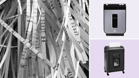 grid of 3 images with close up of shredded paper, Tru Red 12-Sheet Micro-Cut Personal Paper Shredder TR-NMC122A, and Amazon Basics 8 Sheet High Security Micro-Cut Shredder on light purple backgrounds