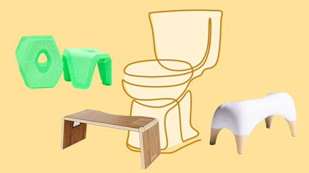 Illustration of a toilet with the (clockwise) Stuul toilet stool, Tushy toilet stool, and Squatty Potty Oslo toilet stool.