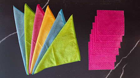 Microfiber dishcloths and Swedish dishcloths on a countertop