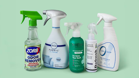 ZorbX Unscented Odor Remover, Febreze 0% Perfume Odor Remover, Hex Fragrance Free Deodorizing Spray, Jason Markk Fragrance Free Refresh Fabric Spray, and Zero Odor Multi-Purpose Odor Eliminator on green background