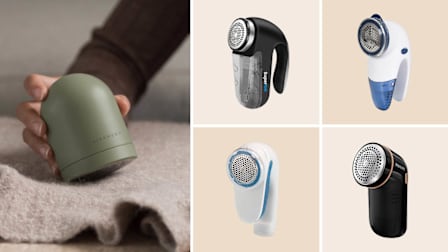 Person using Steamery fabric shaver on sweater, Super Lint, Mainstays, Conair, and Philips fabric shavers