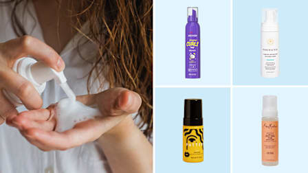 Woman dispensing hair mousse into palm, Aussie, Pattern, Innersense, Shea Moisture hair mousses