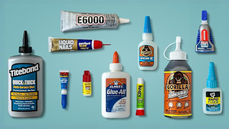 eleven multipurpose glues on a blue background