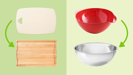 Plastic cutting board, Made In wooden cutting board on left, plastic mixing bowl, Williams Sonoma restaurant bowl