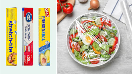 Stretch-Tite, Great Value, Glad plastic wraps with salad bowl covered with plastic wrap