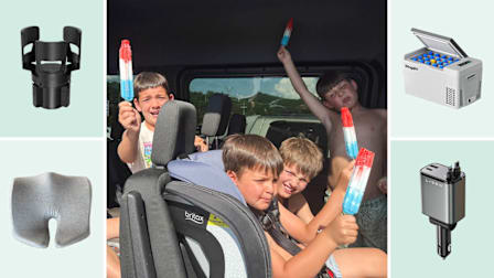 Gorilla Grip cupholder, Cushionlab seat cushion, Lison retractable car charger, Bougee cooler, kids in a car