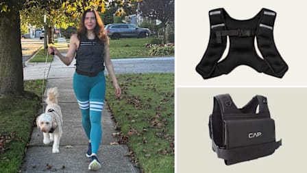 grid of three images (person walking dog in suburban neighborhood while wearing Hyperwear weighted vest, All in Motion Weighted Vest, and CAP Short Adjustable Weighted Vest