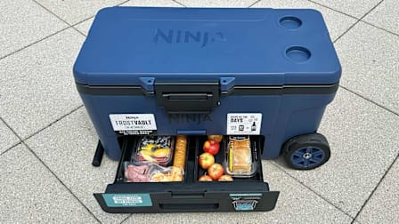 The Ninja Frost Vault seen with its dry storage drawer open with perishable snacks inside.