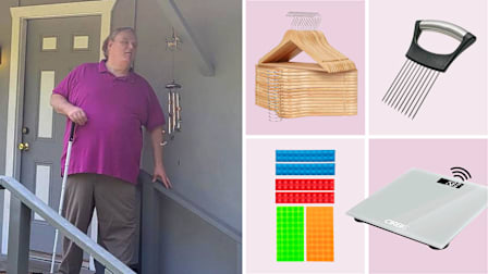 A man with vision loss using a white cane and brushing up against a wind chime on the steps of a house. Also shown are wooden hangers, a safe chopping guide, a talking scale, and multicolored bump dots.