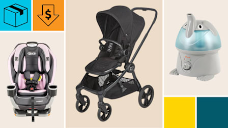 Graco Extend2Fit 3-in-1 Car Seat, Baby Jogger City Sights Stroller, and Crane Elephant Humidifier with a cyan block with a package icon, and an orange block with a dollar sign in a down arrow