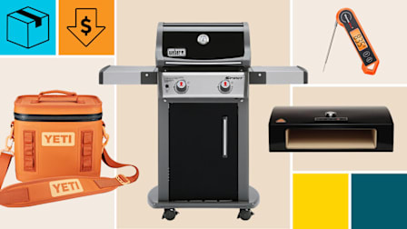 Yeti Hopper Flip 8 Soft Cooler, Weber Spirit E-210 46110001 Grill, ThermoPro Digital Meat Thermometer (TP19H), and BakerStone Pizza Oven Attachment with a cyan block with a package icon, and an orange block with a dollar sign in a down arrow