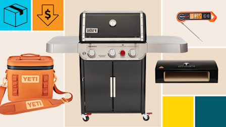Yeti Hopper Flip 8 Soft Cooler, Weber Genesis E-325s 35310001, ThermoPro Digital Meat Thermometer (TP19H), and BakerStone Pizza Oven Attachment with a cyan block with a package icon, and an orange block with a dollar sign in a down arrow