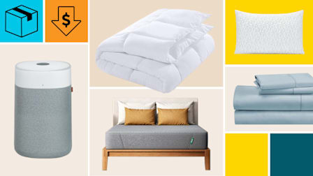 Blueair Blue Pure 211i Max, Utopia Bedding Duvet Insert, Coop Goods Pillow, California Design Den Cotton Sateen (400 TC), and Siena Memory Foam with a cyan block with a package icon, and an orange block with a dollar sign in a down arrow