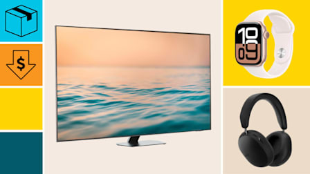 Samsung QN65QN90F, Apple Watch Series 10, and Sonos Ace Headphones with a package icon, and an orange block with a dollar sign in a down arrow