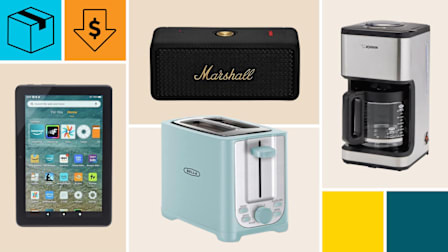Marshall Emberton II speaker, Zojirushi Dome Brew Classic EC-EJC120 coffee maker, Bella 17612 toaster, and Amazon Fire HD 8 (Gen 12), with a package icon, and an orange block with a dollar sign in a down arrow