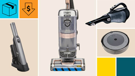 iRobot Roomba i3+ EVO Robotic Vacuum, Black+Decker BDH2000L and Shark Ion W1 WV201 Handheld Vacuums, Shark Vertex DuoClean AZ2002 Upright Vacuum with a cyan block with a package icon, and an orange block with a dollar sign in a down arrow