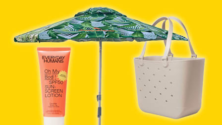 Everyday Humans sunscreen, Tommy Bahama beach umbrella, Simple Modern beach tote