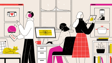 Illustration of three people shopping online at home in a cozy winter setting, browsing gifts and gadgets on screens while a yellow cat lounges nearby.