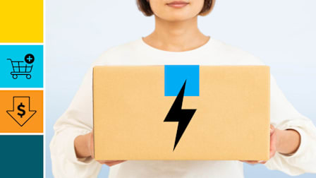 detail of person holding cardboard box that has lightning symbol on side of box with a cyan block with a package icon, and an orange block with a dollar sign in a down arrow