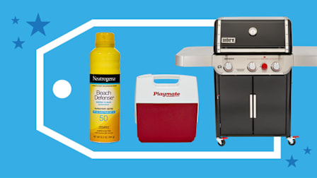 Neutrogena sunscreen spray, a Playmate cooler, and a Weber Genesis gas grill are set against a bright blue background surrounded by a tag and with star accents.