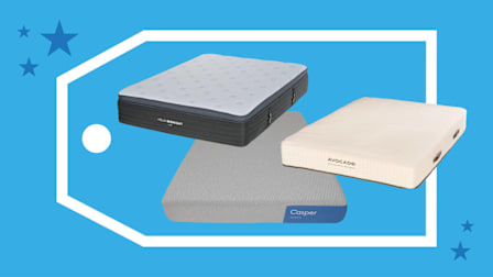 Helix Midnight, Avocado, and Casper mattresses set against a bright blue background surrounded by a tag and with star accents.