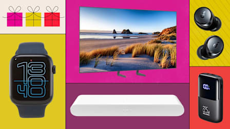 Samsung QN65S84FA TV, Soundcore Space A40 Wireless Earbuds, Iniu Portable Charger 22.5W 10,000mAh, Sonos Ray Sound Bar, and Apple Watch SE 3 (44mm) GPS