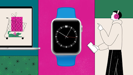 A smartwatch centered between a laptop showing a shopping cart with gifts and a person wearing headphones holding a tablet.