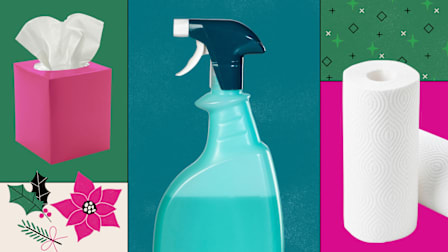 Collage of household items including tissues, a spray bottle, and paper towels with festive accents.