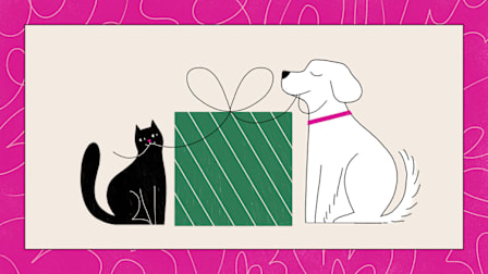 A cat and dog sitting beside a green gift box with a bow.