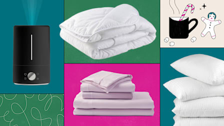 Collage of sleep essentials including a humidifier, folded comforter, bed sheets, and stacked pillows, with a drawing of a mug of cocoa and a gingerbread cookie.