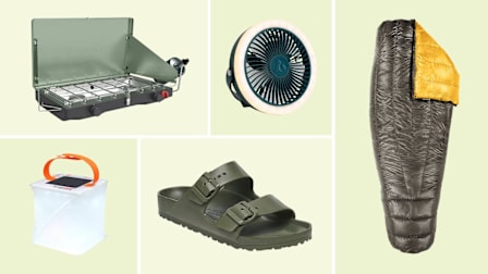 Coleman camping stove, LuminAID lantern, Coughlan's camping fan, Birkenstock Arizona sandal, Enlightened Equipment Enigma sleeping bag