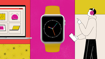 A smartwatch centered between a laptop showing a shopping cart with gifts and a person wearing headphones holding a tablet.