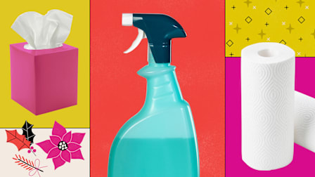 Collage of household items including tissues, a spray bottle, and paper towels with festive accents.