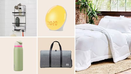 Threshold shower caddy, Jall sunrise lamp, Owala water bottle, Herschel duffel bag, Buffy comforter