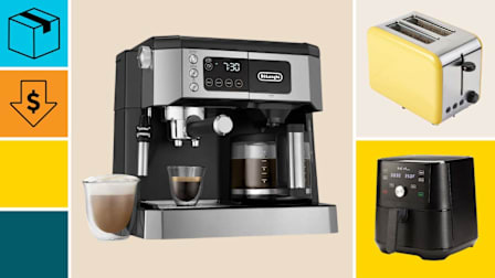 DeLonghi All-in-One coffee maker, Kate Spade All In Good Taste toaster and  a Instant Vortex air fryer with a cyan block with a package icon, and an orange block with a dollar sign.