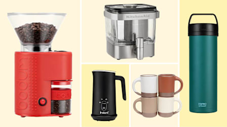 Bodum coffee grinder, Instant milk frother, East Fork mugs, Espro travel french press, KitchenAid cold brew maker