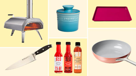 Ooni pizza oven, Le Creuset butter crock, Great Jones sheet pan, Henckels knife, Red Clay hot sauces, Caraway pan