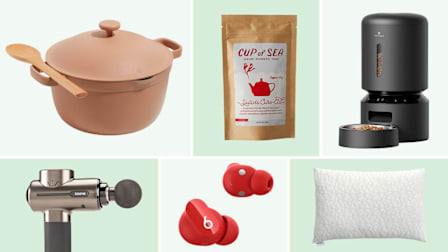 Our Place dutch oven, Cup of Sea tea, Petlibro feeder, Renpho massage gun, Beats earbuds, Coop pillow