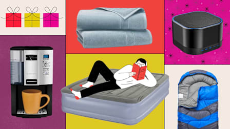 Brooklinen Super-Plush Bath Towels, Magicteam Sound Machines White Noise Machine, MalloMe Sleeping Bag, Simmons Beautyrest Hi Loft Raised Air Mattress, and Cuisinart Coffee on Demand DCC-3000 coffee maker