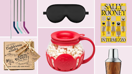 Ello straws, Alaska Bear sleep mask, Sally Rooney book, True cocktail shaker, Elocution popcorn maker, Rancho Meladuco dates
